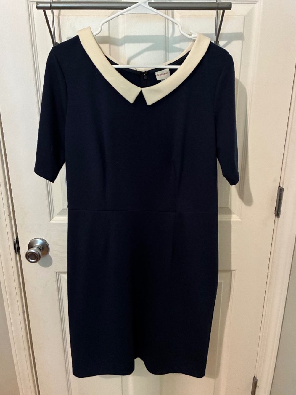 Vintage Navy Blue Sheath Dress with Cream Peter Pan Collar
